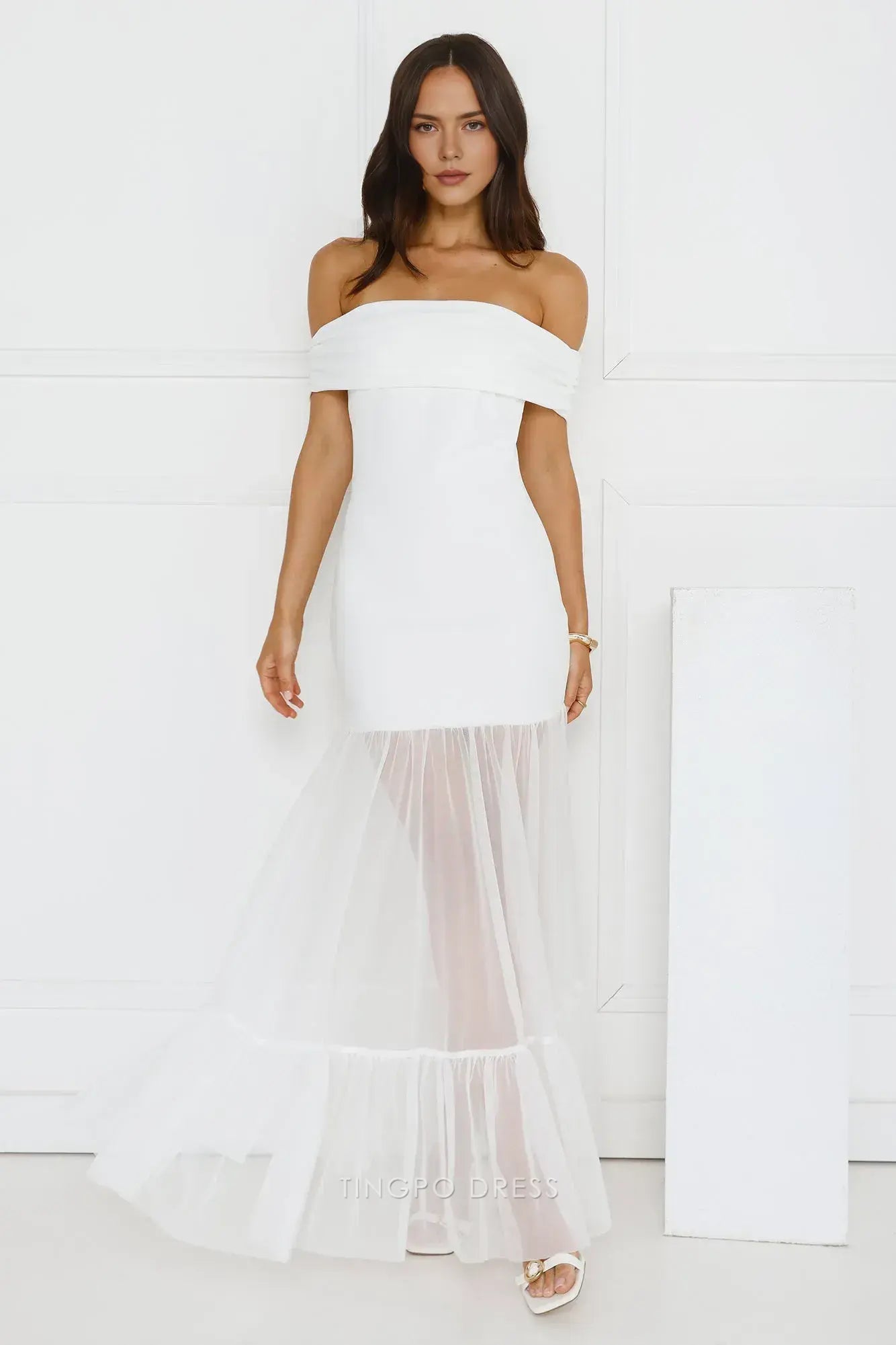 Elegant Off - Shoulder Mesh Hem Maxi Dress Prom Dress
